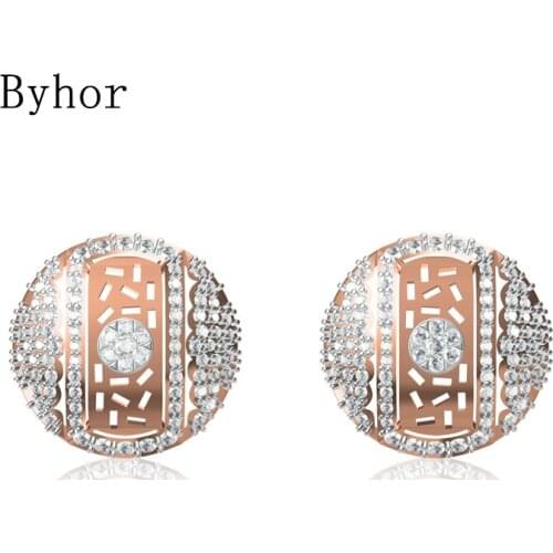 Byhor Solid 14K White/Yellow+White/Rose+White Gold 1.011ct H/SI Natural Diamond Fine Jewelry Wedding Round Stud Earrings Cерьги