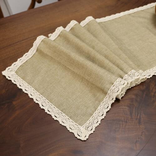 Lace Vintage Table Decoration Table Runners Household Gray Khaki Color Natural Jute Linen Table Runner with Cotton Lace Border
