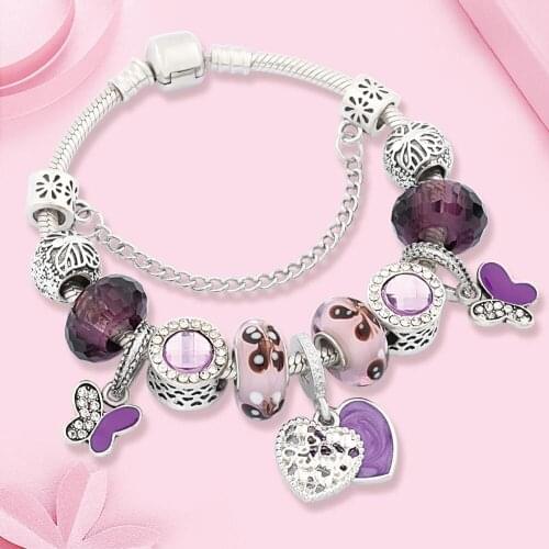 Leabyl New Arrival Purple Heart Butterfly Enamel Charm Bracelet Casual Purple Crystal Bead Bracelet for Women Girl Gift Pulseras