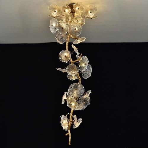 Copper Branch Chandeliers Trimming Creative Glass Lotus Leaf Luxurious Brass Twig Lighting Fixture for Hotel and Villa
