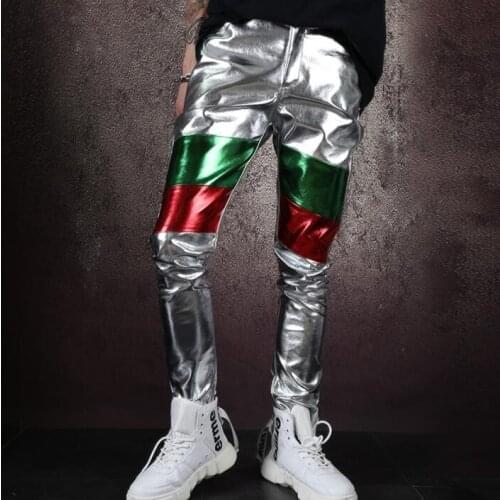 Mens pants stage personality Silver PU leather pant men splice trousers singer dance rock fashion street star style novelty B601
