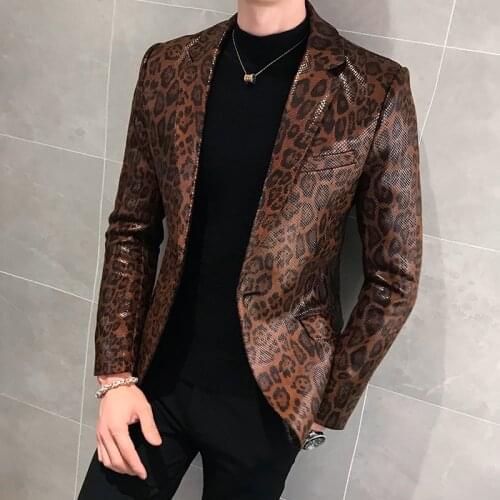 2019 Men Autumn New Leopard Leather Slim Suit Jacket Male Business Casual Snake Print Overcoat Outerwear Faux Fur Coat
