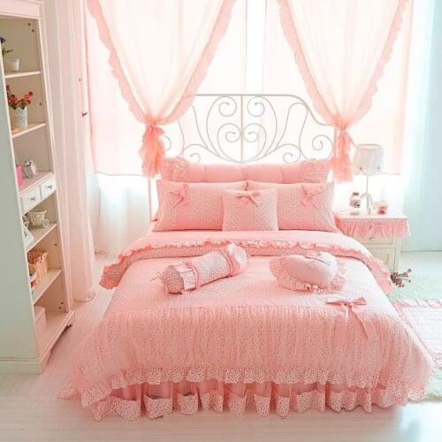 Pink Purple Floral Print Duvet Cover with Lace Ruffle 100%cotton Girls Ruffle Bed Skirt Princess bedding Twin Queen King size