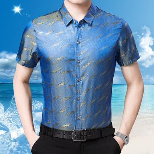 Mens Summer Soft Silk Clothes Shirt Elegant Fashion Striped Male Short Sleeve Silk Dress Shirts