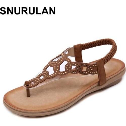 SNURULAN Womens Flat Sandals2020New Female Rhinestone Beach Footwear Roman Shoes Slope With Bohemian Anti-skid Flip-flops women