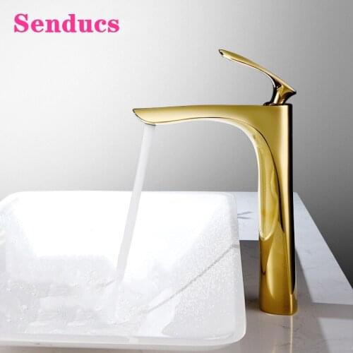 Gold Bathroom Mixer Tap Senducs Luxury Copper Brass Bathroom Faucet Modern Hot Cold Basin Tap Single Handle Basin Faucets