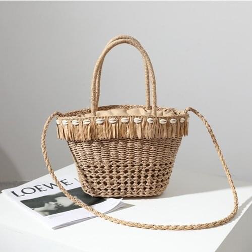 Shell tassel straw woven bag woven bag womens shoulder portable leisure holiday hollow beach bag straw bag new