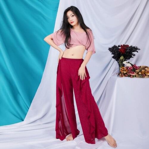Impact Colors Belly Dance Training Clothing Stretch Tie Top Wide Leg Pants Set for Class Bellydance Costume 2pcs