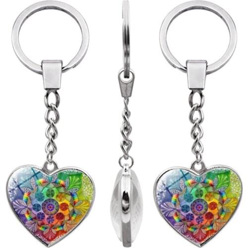 WG 1pc Mandala Flower Double Sided Glass Ball Heart Keychain Pendant Metal Keychain Keyring For Women Bag Jewelry