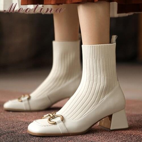 Meotina Women Genuine Leather Sock Boots Think High Heel Shoes Metal Decoration Slip On Square Toe Ladies Ankle Boots Autumn 40