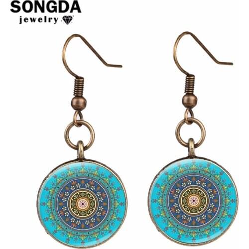 SONGDA Elegant Sacred Geometric Earrings Simulation Blue Enamel Glaze Color Kaleidoscope Mandala Dangle Earrings Modern Jewelry