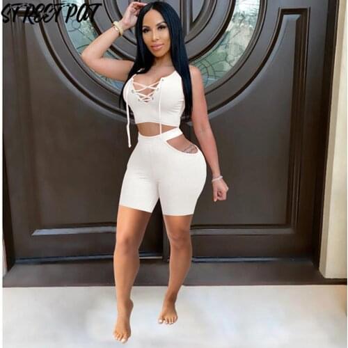 Sexy Ribbed Halter Crop Top+Hollow Out Biker Shorts Sets Summer 2 Two Piece Set Women Tracksuit Solid Bandage Sport Outfits