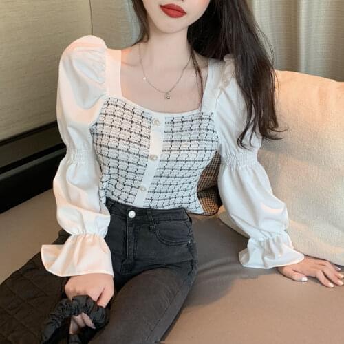 Woman Sweaters Femme Chandails Womens Knitwear Square Collar Puff Sleeve Autumn 2020 Top Pull Hiver