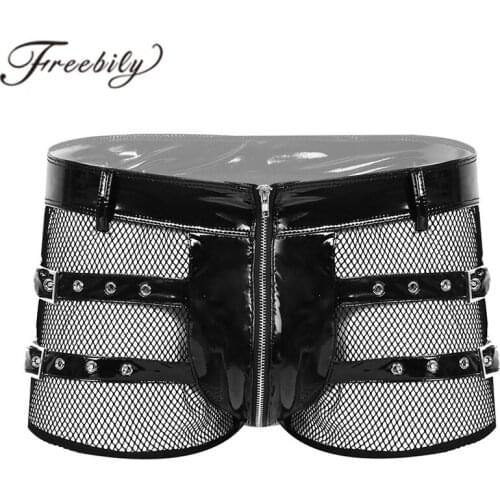 2019 Mens Wet Look Patent Leather Lingerie Low Rose Fishnet Spliced Front Panties Zippered Latex Boxer Briefs Shorts Underwear