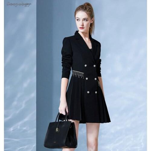 2021 Autumn New Womens Long Sleeved Black Suit Dress Chic Pearl Buttons Diamond Tassel Waist Mini Fashion Retro Party Dresses