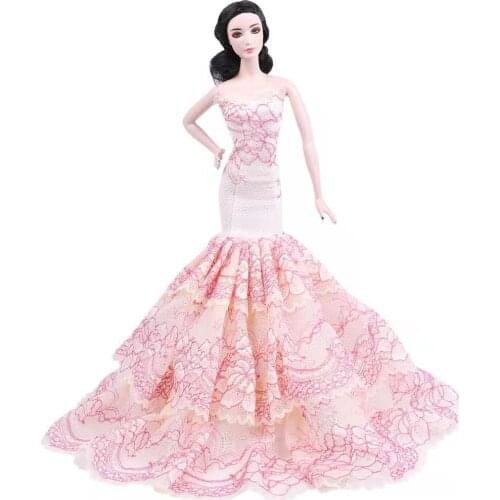 1/6 BJD Clothes Beige Pink Off-Shoulder Princess Fishtail Wedding Dress for Barbie Dolls Accessories Mermaid Party Gown Kids Toy