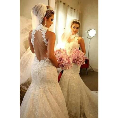 2014 Amazing Halter Appliqued Beaded Sheer Back Mermaid Vestido Wedding Dresses