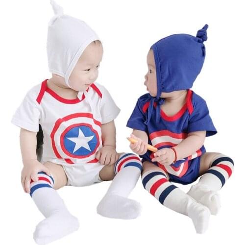 Free Shipping Newborn Baby Boy Clothes Set Super Hero Captain Jumpsuit Outfits Summer Rompers Hat Suit Infant Cotton Clothes