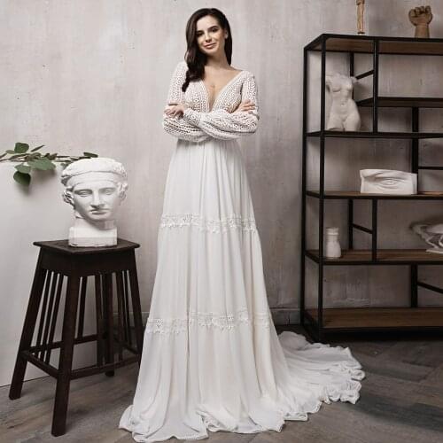 Bohemian Wedding Dress 2021 Charming V Neck Long Sleeves See-through Lace Court Train Chiffon Beach Bridal Gown