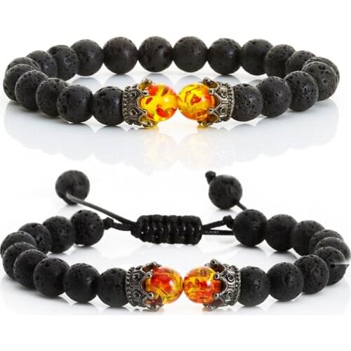 8mm Natural Lava Stone Beads Bracelets & Bangles King Queen Crown Couple Braided Bracelet Charm Men Women Jewelry Gifts Handmade