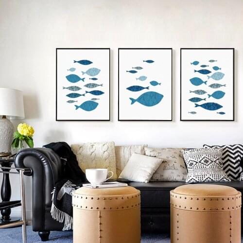 Bunch Of Blue Fish Nordic style Canvas Art Print Painting Modern Wall Picture For Room Home Decoration Frame Not Include