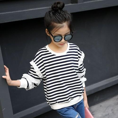 Childrens Striped T Shirt Teen Spring Autumn Girls Striped Cotton Tops Fashion Long Sleeve Ruffles T Shirt Clothes for Kids