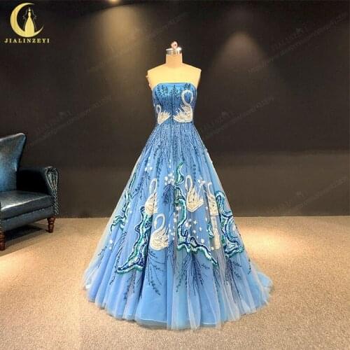 JIALINZEYI Off The Shoulder Luxurious Blue Beads Swan robe longue robes de soirée Fromal dress Evening Dresses