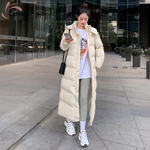 Cotday X-Long Super Long Cotton Padded Jacket Striped Beige Sweet Lady Winter Warm Women Loose Thickened Parka Coat