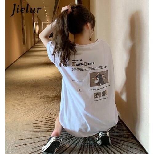Jielur New Harajuku Womens T-shirts Cotton Summer Short Sleeve Cute Cartoon Letter Print Tops Casual White M-XXL Female T-shirt