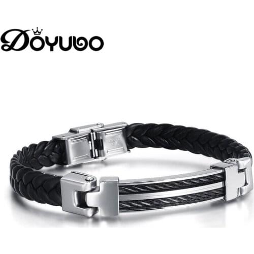 DOYUBO Classical Mens Black PU Leather Bangles Stainless Steel Square Charms Bracelets Male Bracelets Fashion Jewelry DD037