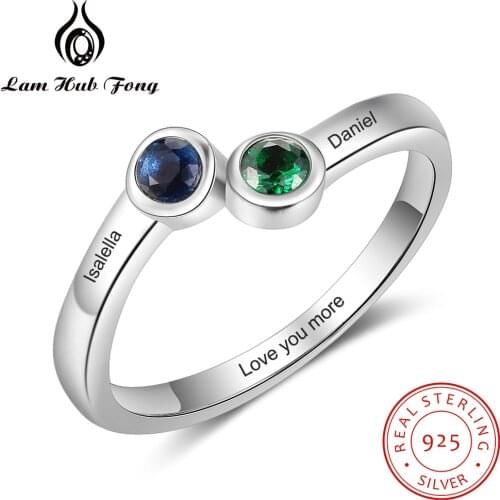 Personalized 925 Sterling Silver Ring Engraved Name Ring with 2 Birthstone Fine Jewelry Custom Wedding Jewelry(Lam Hub Fong)