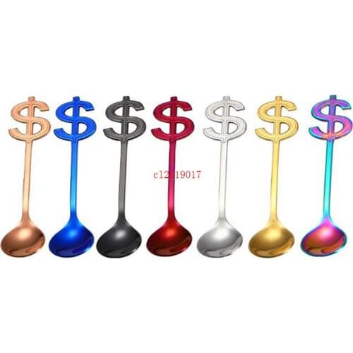 Colorful Dollar Spoons $ Sign Handle Spoon Food Grade 304 Stainless Steel Tea Coffee Spoon Ice Cream Drinking Tools
