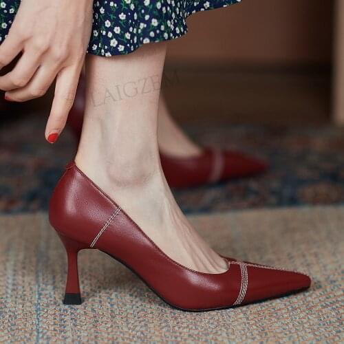 LAIGZEM FASHION Women Pumps Real Leather 7.5CM Thin Heels Casual Office Spring Sandals Black Shoes Woman Big Size 33 38 39 41