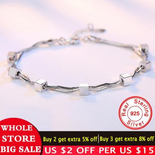 LMZNB Fine Jewelry Link Chain Bangle Party Fashion Female Bracelet 925 Sterling Silver Square Cube Charm Bracelets For Women