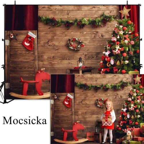 Mocsicka Wood Christmas Photography Backdrop Christmas Tree Toy Gifts Xmas Sock Background Child Birthday Photocall Photo Studio