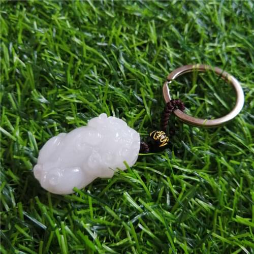 Fashion Mythical pixiu KeyChain Natural Manual Statue Carved White Jade KeyChain Fine Jewelry For Women Men Free shipping
