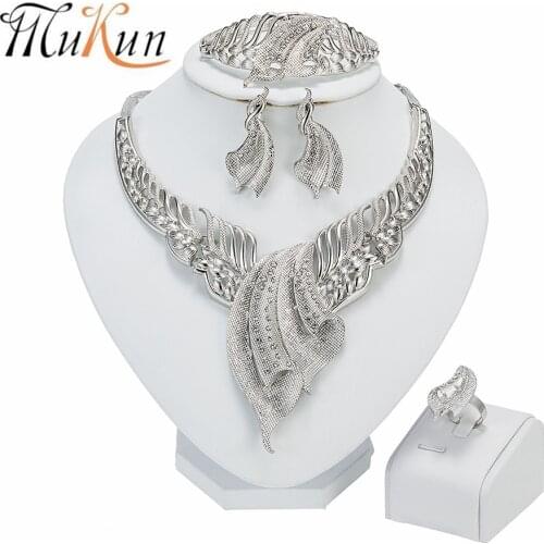 MUKUN Nigerian Wedding African Beads Jewelry Sets Crystal Necklace Sets Silver Color Jewelry Set Wedding Accessories Party