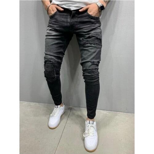 Men Casual Slim Fit Mens Fold Jeans Skinny Ripped Jeans Homme Brand Motor Biker Hip Hop Denim Pants Trousers Pantalones HOT