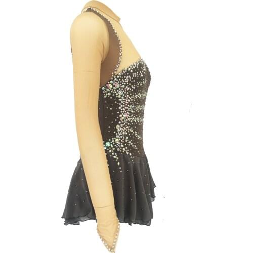 Gray Figure Skating Dress,Long-Sleeved Ice Skating Skirt,Fingerpoint Sleeves Spandex Competition Dresses Half Collar Mesh Skirt