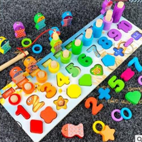 Various Montessori Fishing Log Board Shapes Sorter Stacker Game Wood Toys Indoor Board Game For Kids