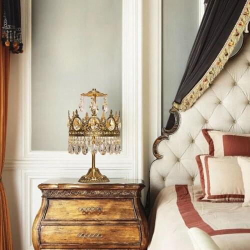 French retro copper table lamp European crown crystal bedroom bedside lamp ins girl princess room decorative table light