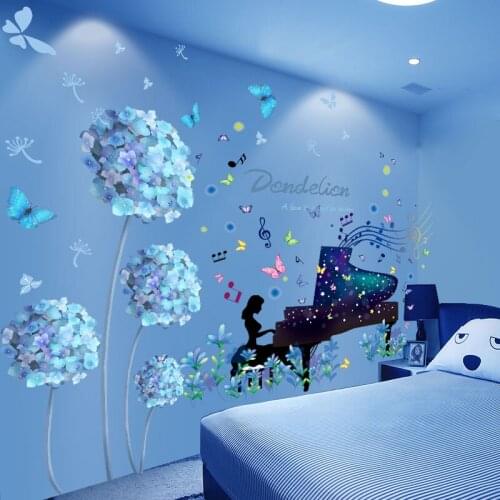 [SHIJUEHEZI] Piano Girl Wall Stickers DIY Flower Plants Mural Decals for Kids Bedroom Living Room Kitchen Home Decoration