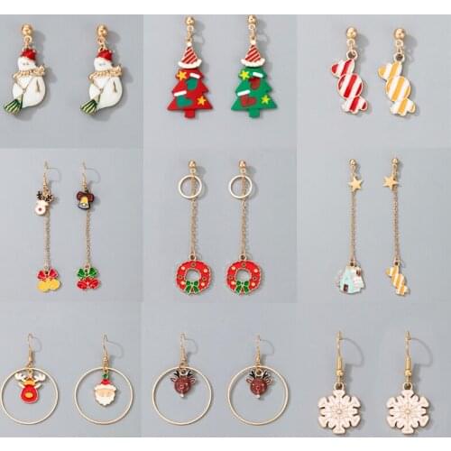 Tocona Santa Claus Deer Drop Earrings for Women Trendy Candy Bells Snowflake Hollow Geometrid Long Chain Christmas Jewelry
