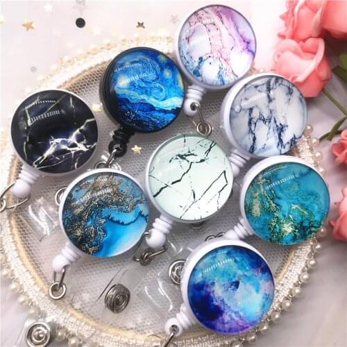 New Colorful High Quality Retractable Office Badge Reel Clip Fashion Starry Sky Marble Galaxy Pattern IC ID Card Badge Holder