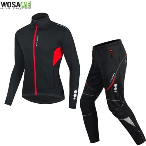WOSAWE NEW Cycling Clothing Set Winter Thermal Fleece Pants Windproof Reflective Cycling Jersey Set Men Sportswear Tracksuits