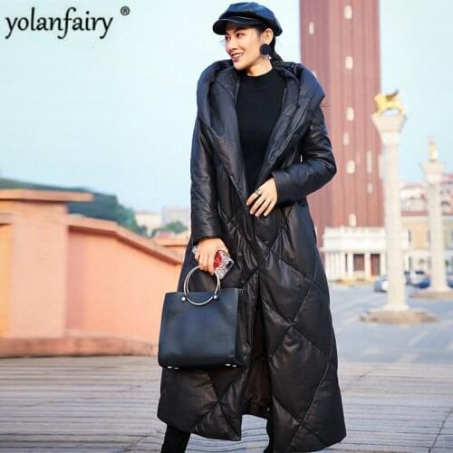 YOLANFAIRY Winter Real Leather Jacket Women Sheepskin Coat Female Long Leather Down Jacket Hooded Fashion 2020 W9905 KJ4888