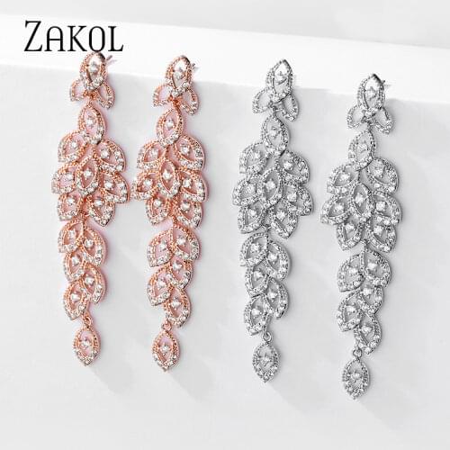 ZAKOL Luxury AAA Cubic Zirconia Long Leaf Shape Dangle Earrings for Women Bride Romantic Bridesmaid Wedding Jewelry FSEP2529