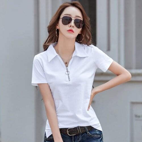 New Zipper Turn-down Collar T Shirt Women 2021 Short Sleeve Summer Tops Cotton TShirt Woman Korean Style Clothes Tee Shirt Femme