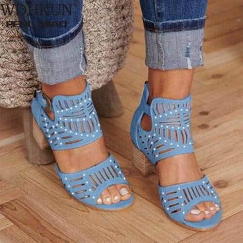 WDHKUN 2020 Women Fashion Sandals Women Vintage Hollow Out Peep Toe Square Heel Wedges Sandals High Heels Shoes Zapatos Mujer