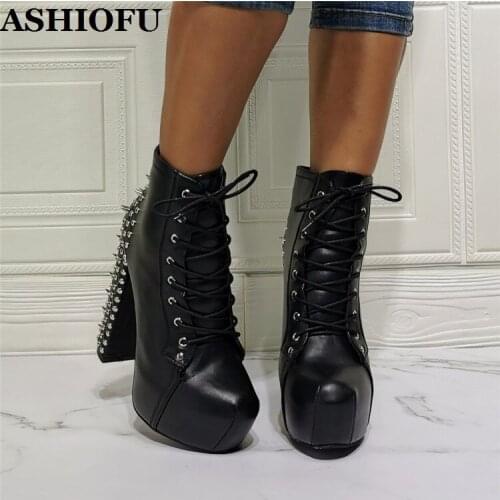 ASHIOFU Handmade Womens Chunky Heels Boots Rivets Spikes Sexy Platform In-stock Party Prom Cross-shoelace Fashion Winter Boots